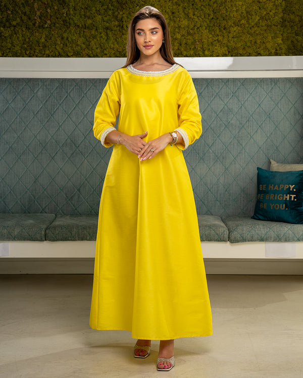 YELLOW WRINKLED SLEEVES KAFTAN WITH HAND AND NECK EMBROIDERY