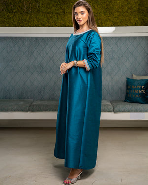 GREEN WRINKLED SLEEVES KAFTAN WITH HAND AND NECK EMBROIDERY
