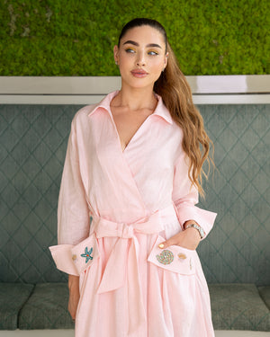 BEYOU LINEN WRAP DRESS UNDER THE SEA PINK