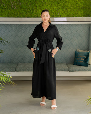 BEYOU LINEN WRAP DRESS UNDER THE SEA BLACK