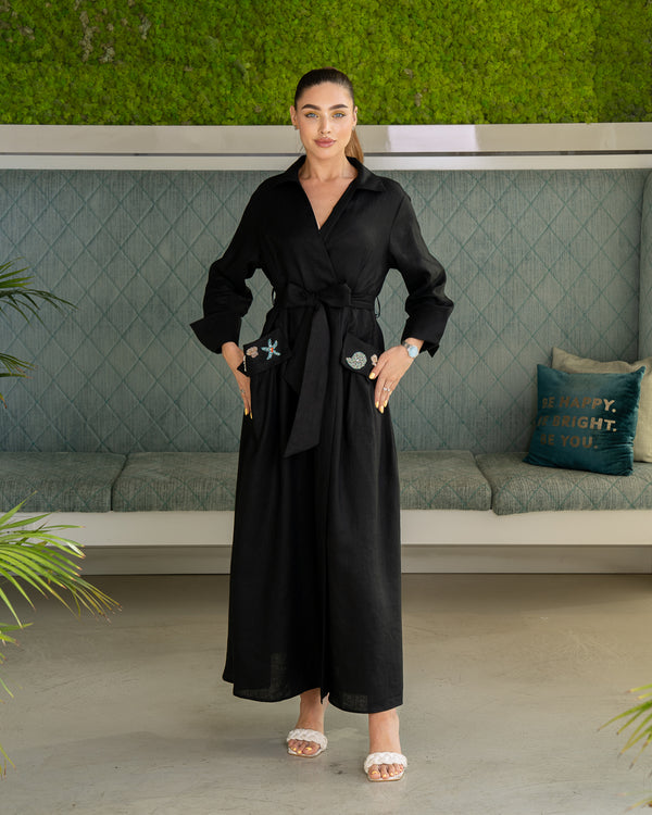 BEYOU LINEN WRAP DRESS UNDER THE SEA BLACK