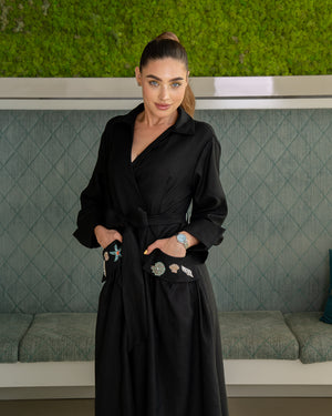BEYOU LINEN WRAP DRESS UNDER THE SEA BLACK