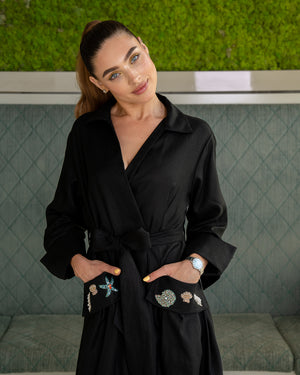BEYOU LINEN WRAP DRESS UNDER THE SEA BLACK