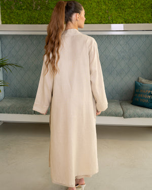 BEYOU EMBROIDERED LINEN BEIGE TRAVEL SET WITH SLIT ON THE SIDE