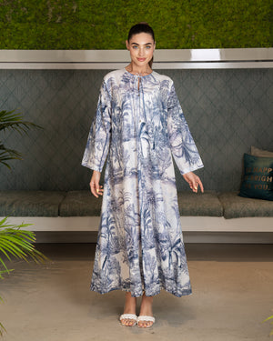 BEYOU PALM PRINT COTTON DRESS IN BLUE