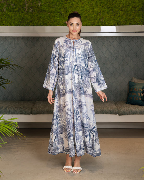 BEYOU PALM PRINT COTTON DRESS IN BLUE