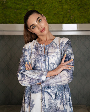 BEYOU PALM PRINT COTTON DRESS IN BLUE