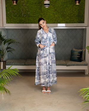 BEYOU PALM PRINT COTTON DRESS W/COLLAR IN BLUE