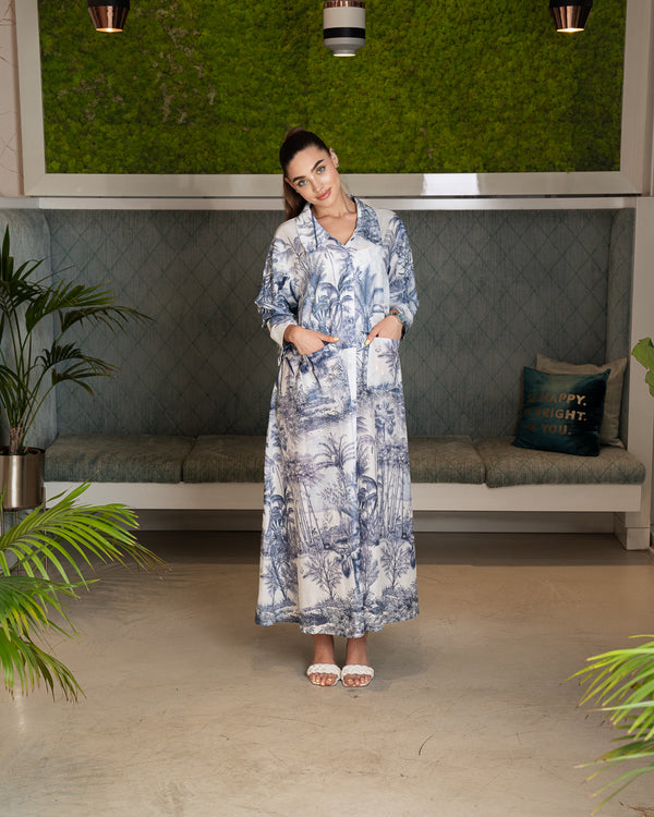 BEYOU PALM PRINT COTTON DRESS W/COLLAR IN BLUE