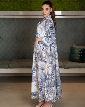 BEYOU PALM PRINT COTTON DRESS W/COLLAR IN BLUE