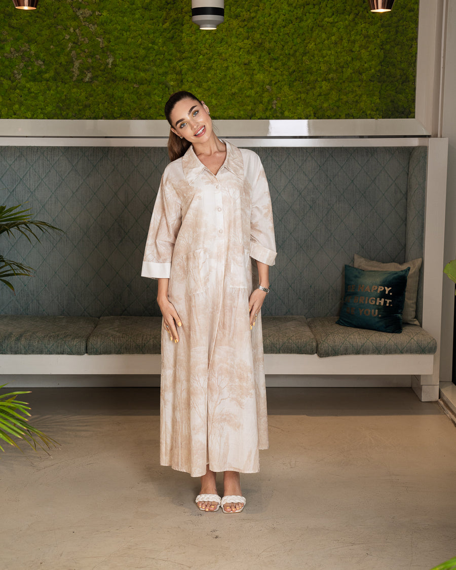 BEYOU TREE PRINT COTTON DRESS W/COLLAR IN BEIGE