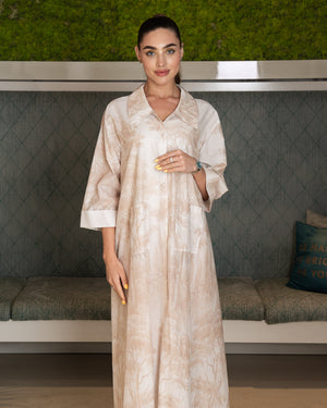 BEYOU TREE PRINT COTTON DRESS W/COLLAR IN BEIGE