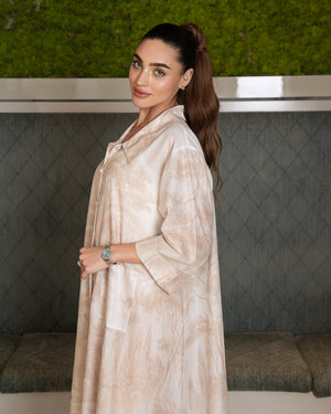 BEYOU TREE PRINT COTTON DRESS W/COLLAR IN BEIGE