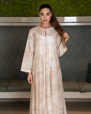 BEYOU TREE PRINT COTTON DRESS IN BEIGE