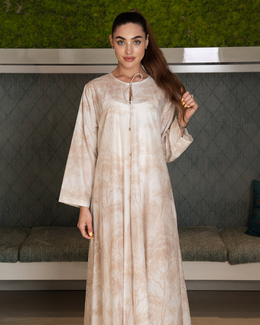 BEYOU TREE PRINT COTTON DRESS IN BEIGE