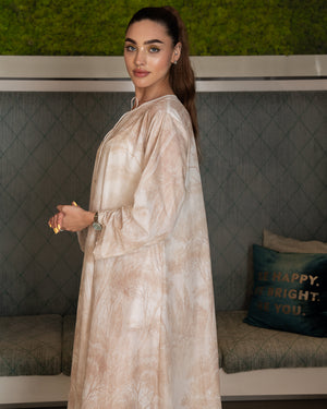 BEYOU TREE PRINT COTTON DRESS IN BEIGE