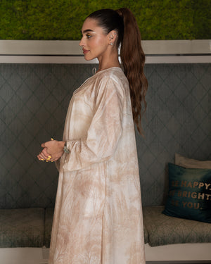 BEYOU TREE PRINT COTTON DRESS IN BEIGE