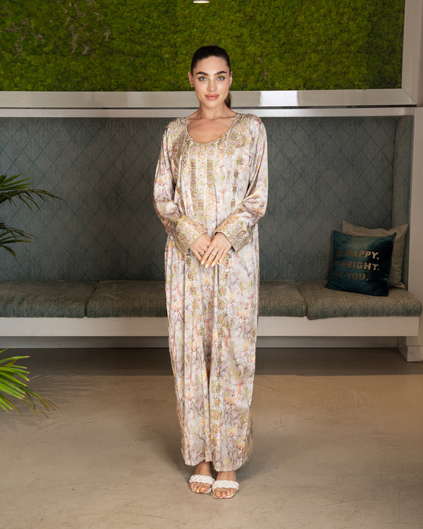 BEYOU 3D BEIGE FLORAL  DRESS W/ARABIC STYLE EMBROIDERY
