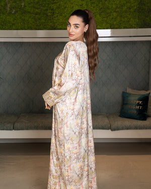 BEYOU 3D BEIGE FLORAL  DRESS W/ARABIC STYLE EMBROIDERY