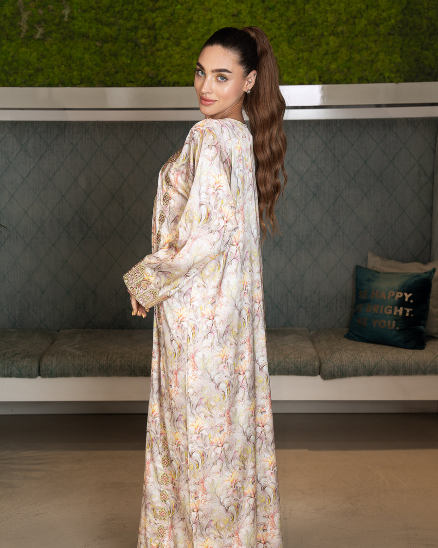 BEYOU 3D BEIGE FLORAL  DRESS W/ARABIC STYLE EMBROIDERY