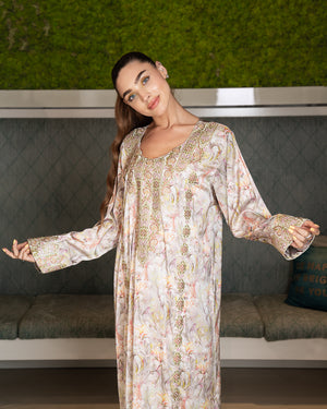 BEYOU 3D BEIGE FLORAL  DRESS W/ARABIC STYLE EMBROIDERY