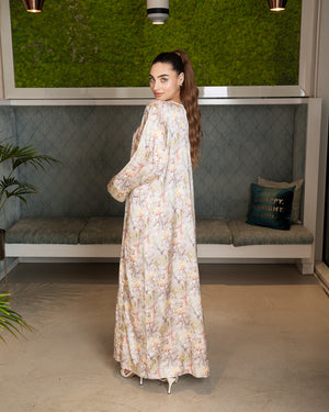 BEYOU 3D BEIGE FLORAL  DRESS W/ARABIC STYLE EMBROIDERY