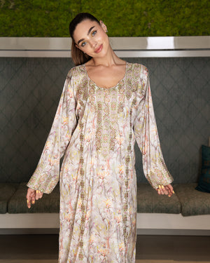 BEYOU 3D BEIGE FLORAL  DRESS W/ARABIC STYLE EMBROIDERY