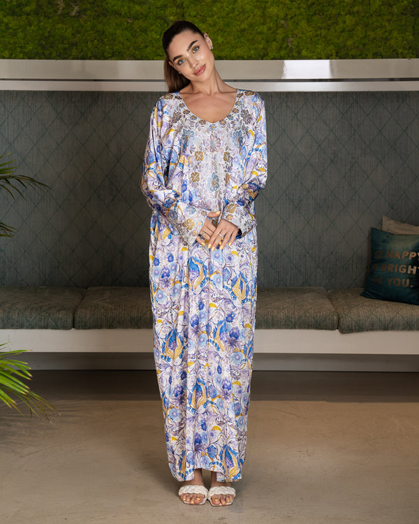 BEYOU 3D BLUE FLORAL  DRESS W/ARABIC STYLE EMBROIDERY