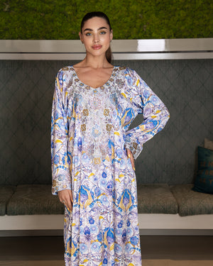 BEYOU 3D BLUE FLORAL  DRESS W/ARABIC STYLE EMBROIDERY