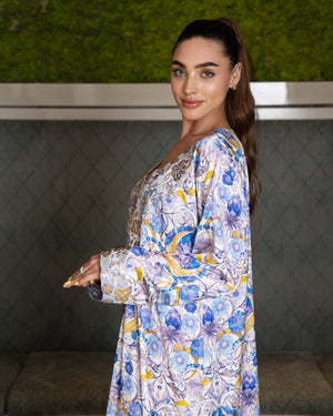 BEYOU 3D BLUE FLORAL  DRESS W/ARABIC STYLE EMBROIDERY