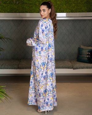 BEYOU 3D BLUE FLORAL  DRESS W/ARABIC STYLE EMBROIDERY