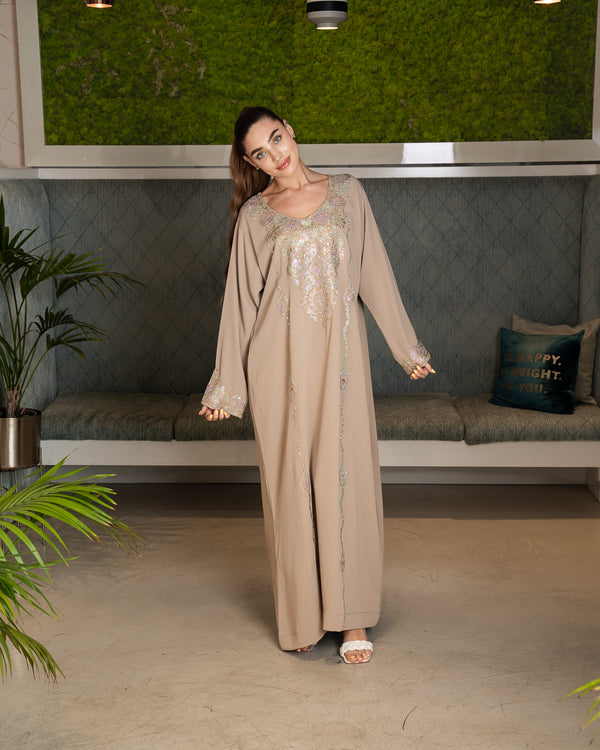 BEYOU BEIGE JALABIYA W/ARABIC STYLE EMBROIDERY