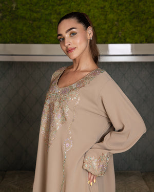 BEYOU BEIGE JALABIYA W/ARABIC STYLE EMBROIDERY