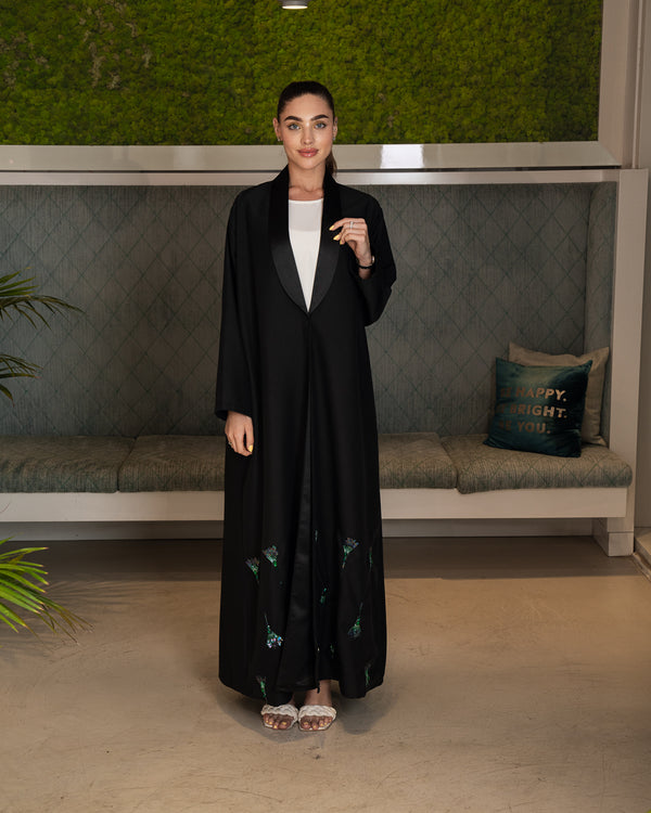 BLACK COAT ABAYA WITH PEACOCK EMBROIDERY ON THE BOTTOM