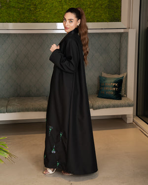 BLACK COAT ABAYA WITH PEACOCK EMBROIDERY ON THE BOTTOM