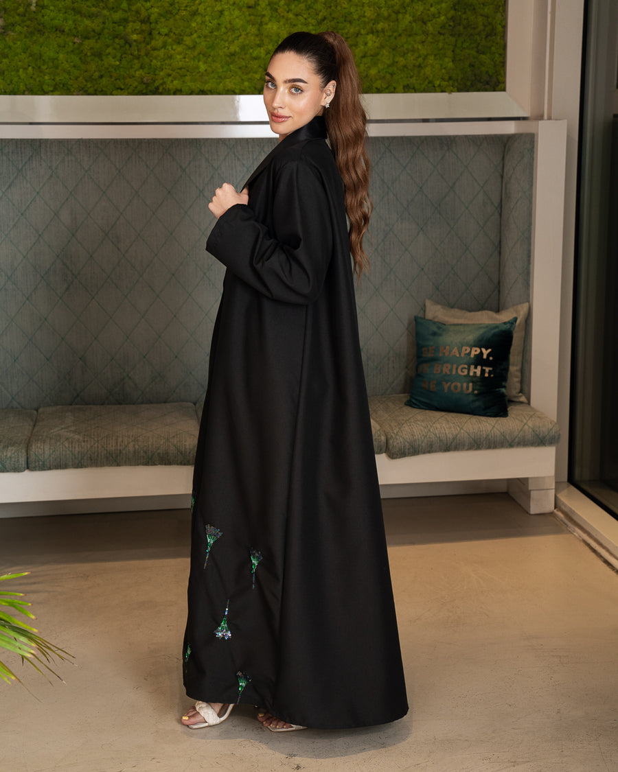 BLACK COAT ABAYA WITH PEACOCK EMBROIDERY ON THE BOTTOM
