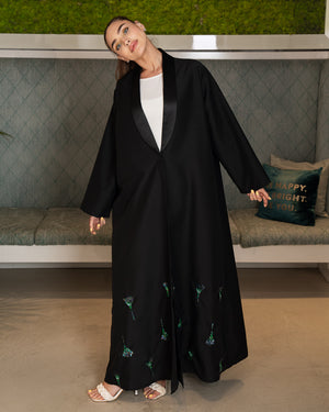BLACK COAT ABAYA WITH PEACOCK EMBROIDERY ON THE BOTTOM