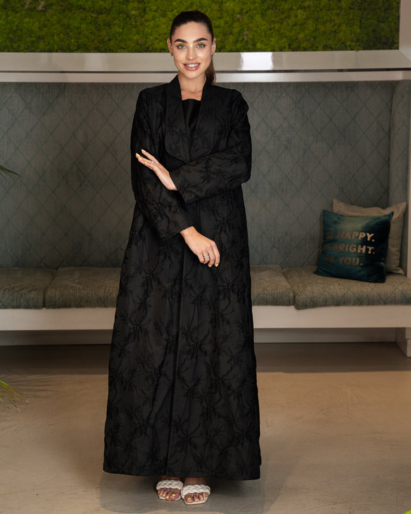 BEYOU BLACK PALM TREE ABAYA WITH COLLAR