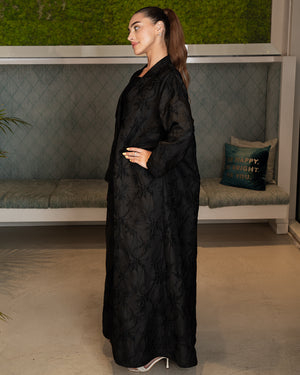 BEYOU BLACK PALM TREE ABAYA WITH COLLAR