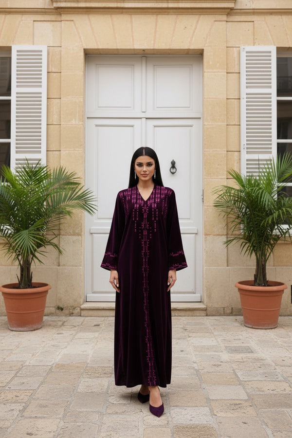 PURPLE EMROIDERED VELVET ABAYA