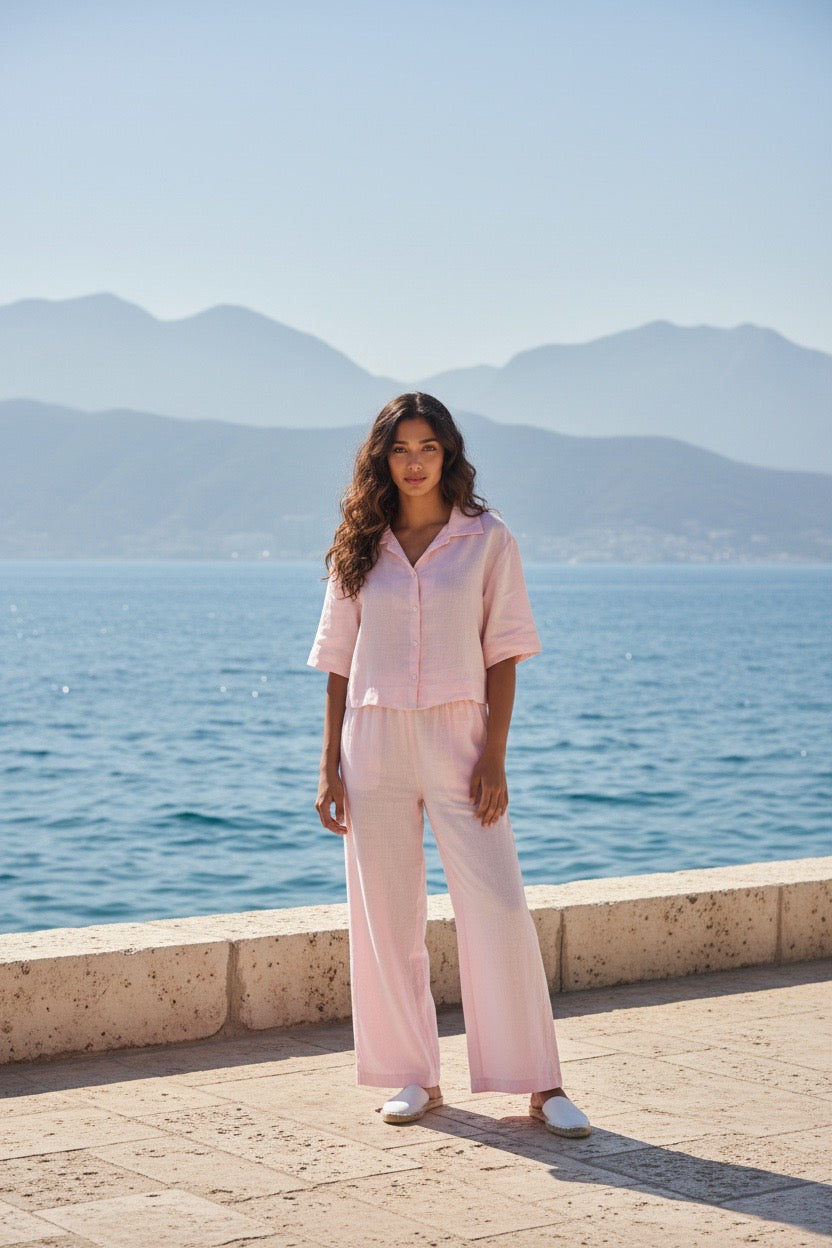 BEYOU BABY PINK CROP TOP LINEN SET