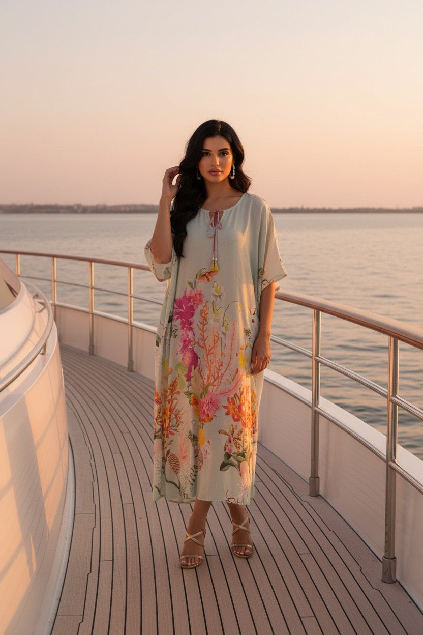 BEYOU BLOOM COTTON DRESS IN MUTED SAGE GREEN