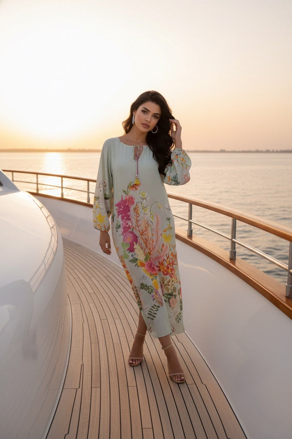 BEYOU BLOOM COTTON DRESS IN MUTED SAGE GREEN