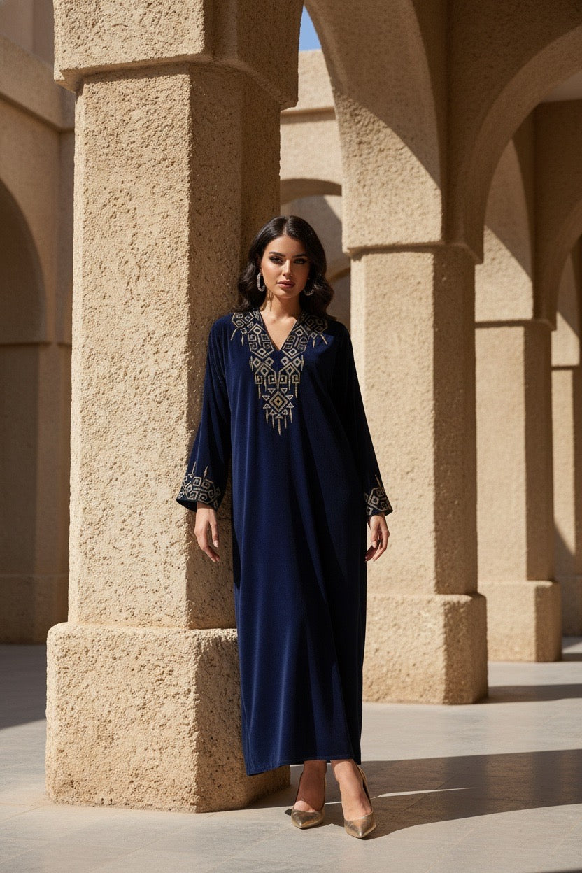 BEYOU TEAL BLUE EMBROIDERED VELVET JALABIYA