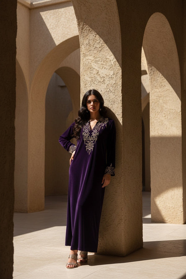 BEYOU PURPLE EMBROIDERED VELVET JALABIYA