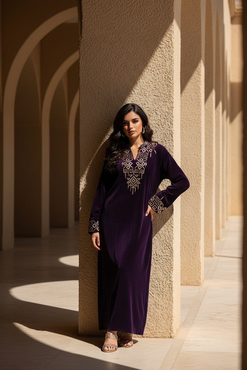 BEYOU PURPLE EMBROIDERED VELVET JALABIYA
