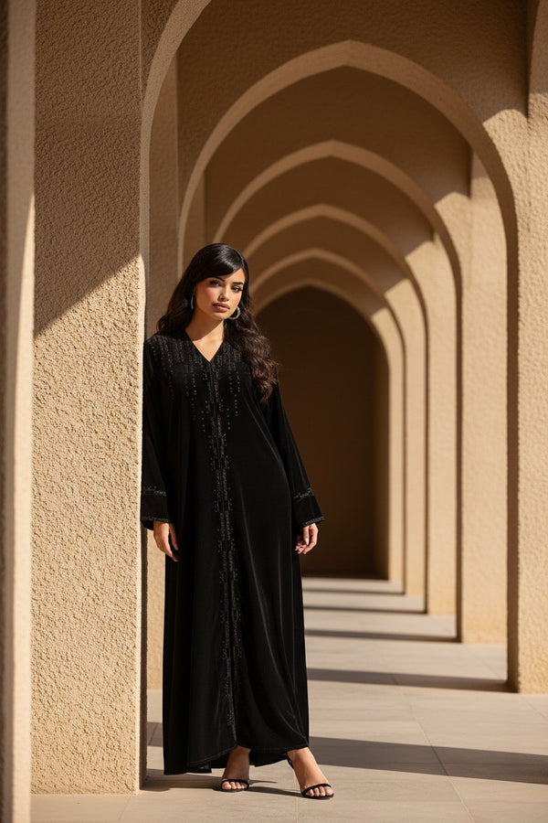 BLACK EMBROIDERED VELVET ABAYA