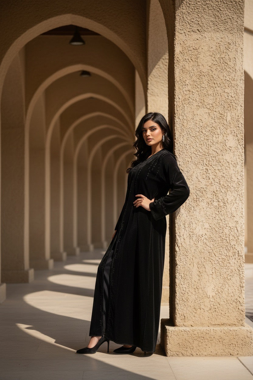 BLACK EMBROIDERED VELVET ABAYA