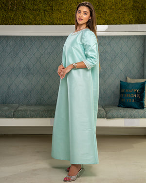 AQUA WRINKLED SLEEVES KAFTAN WITH HAND AND NECK EMBROIDERY
