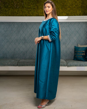 GREEN WRINKLED SLEEVES KAFTAN WITH HAND AND NECK EMBROIDERY